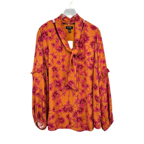 Jessica Simpson Plus NWT Penelope Floral Print Neck Tie Long Sleeve Top - Picture 2 of 12